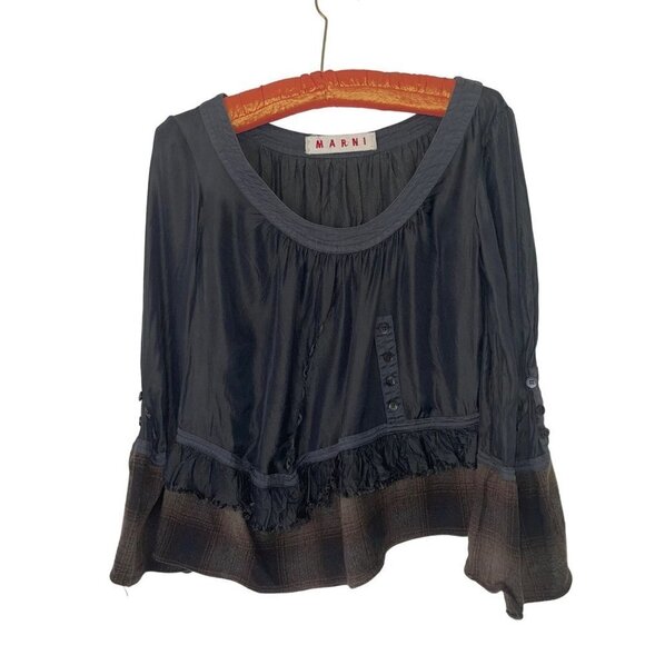 Marni Womens Top Size Small Cropped Bell Sleeve Flannel Ruffle Black Brown Plaid - Picture 15 of 15